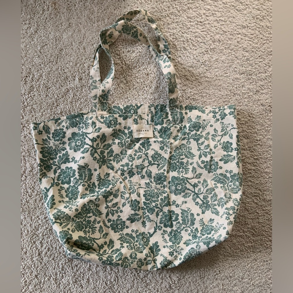 Sezane Floral Teal Linen Tote Bag